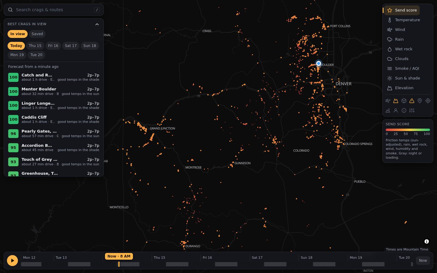 The map of Colorado with a dot for each crag, coloured by send score, the best crags in view listed on the left and a timeline along the bottom.